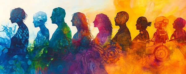 Diverse people profiles creating a gradient effect with colorful textures