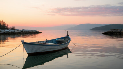 A serene wooden boat anchored in calm waters during a vibrant sunset with soft pastel colors reflecting on the surface.