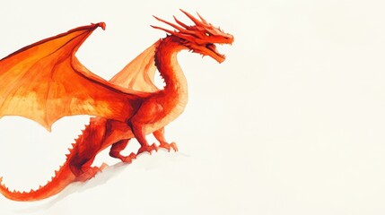 Obraz premium Majestic Red Dragon with Fiery Wings and Fierce Expression Captured in Vibrant Watercolor Style on a Light Background Ideal for Fantasy and Art Themes
