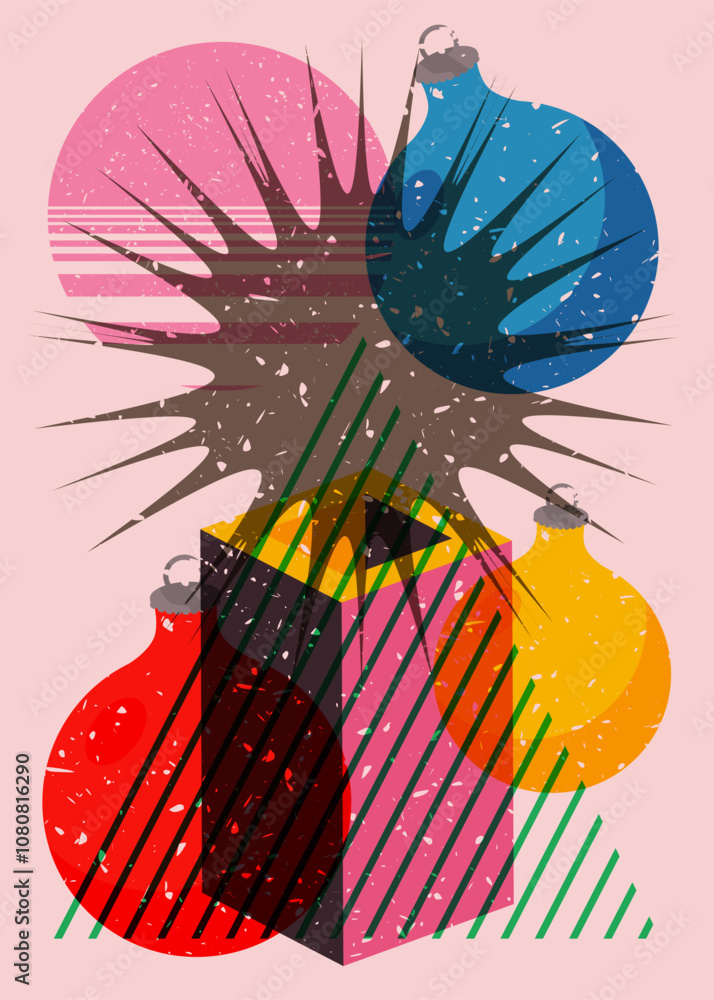 Poster risograph christmas decoration ball with geometric shapes. objects in trendy riso graph print textur