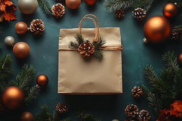 Christmas shopping bag on teal background with festive decorations