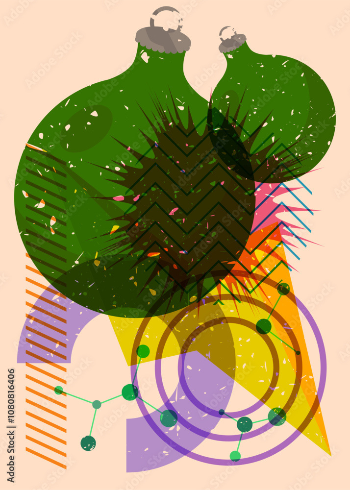 Poster risograph christmas decoration ball with geometric shapes. objects in trendy riso graph print textur