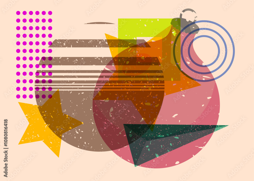 Poster risograph christmas decoration ball with geometric shapes. objects in trendy riso graph print textur