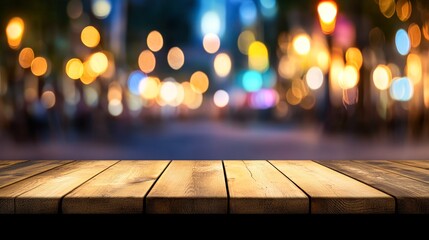 A rustic wooden table against a blurred urban backdrop filled with colorful lights, ideal for showcasing food, products, or events, It evokes a cozy atmosphere perfect for advertisements,