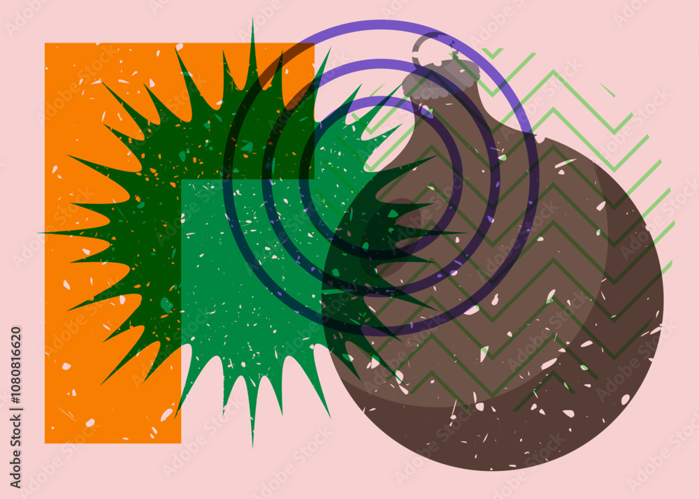 Poster risograph christmas decoration ball with geometric shapes. objects in trendy riso graph print textur