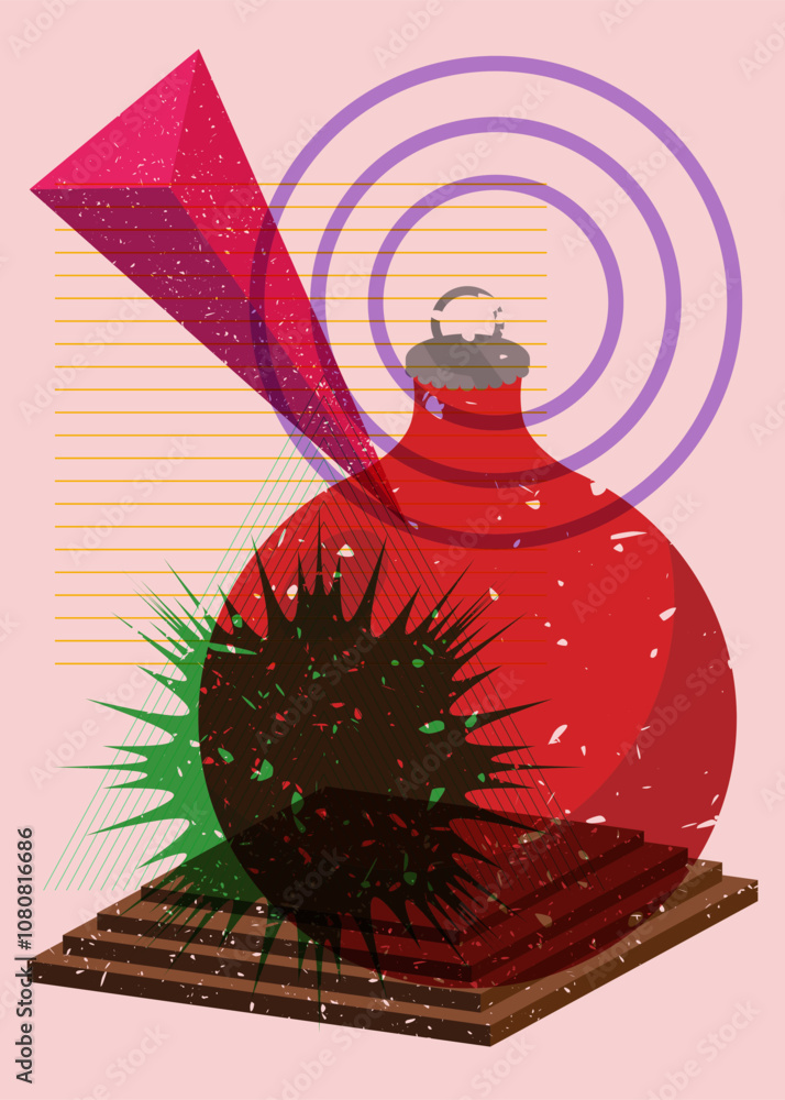 Poster risograph christmas decoration ball with geometric shapes. objects in trendy riso graph print textur