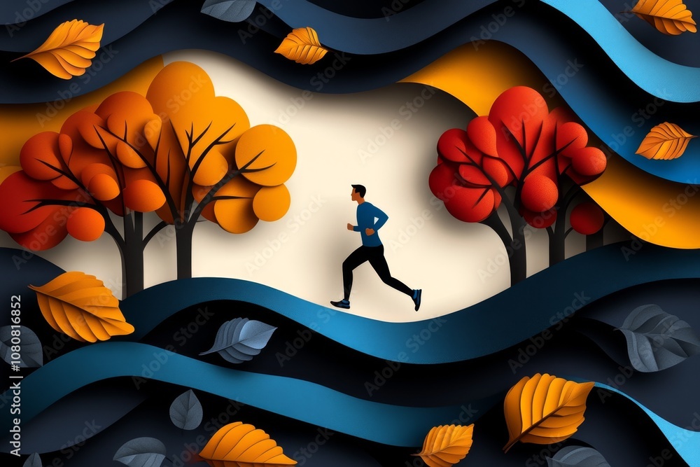 Aufkleber flat 2d illustration of a runner jogging on a path with trees, simple shapes, and vibrant colors on 