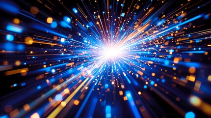 Fototapeta premium Futuristic technology scene, with blurred light trails in blue and golden hues, forming a dynamic starburst effect, suggesting high-speed data transfer and motion in a digital world