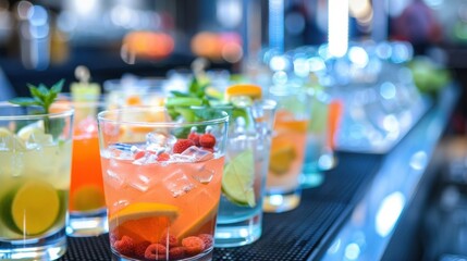 An empty bar at a networking event with nonalcoholic mocktails and refreshments available instead.