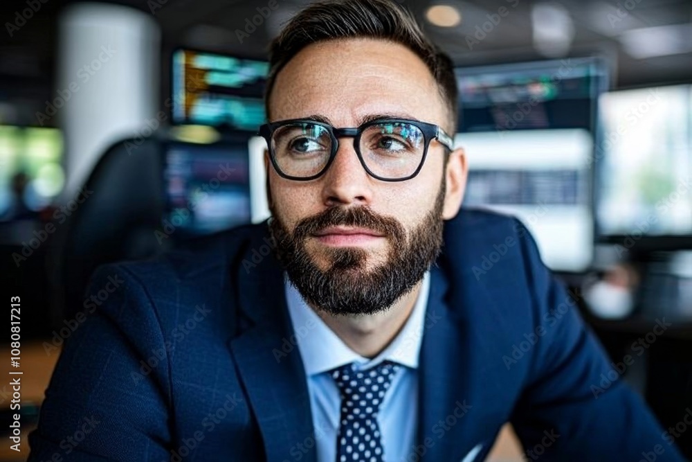 Poster futuristic financial analyst workspace with virtual screens holograms and advanced tech displays