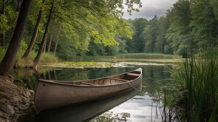 A serene wooden canoe floats peacefully on calm waters surrounded by lush greenery, reflecting the tranquility of nature in this picturesque lake setting.