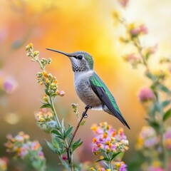 Fototapeta premium Hummingbird perched on a flower branch.
