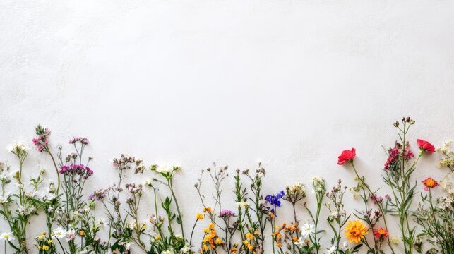 A blank greeting card on a white background, accentuated by a small, colorful bouquet of wildflowers, creating a fresh and lighthearted setting.