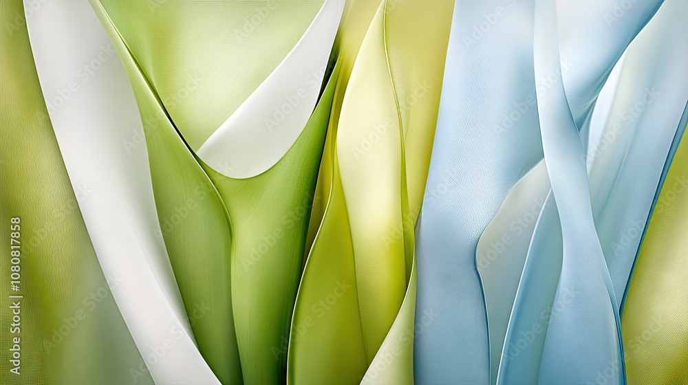 Poster abstract composition of flowing waves in soft shades of green and blue creating a serene and modern 