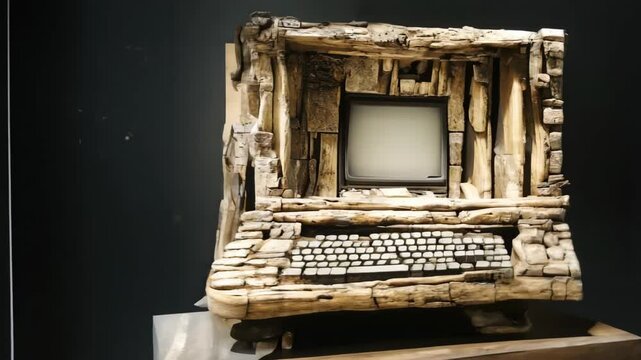 Wooden computer sculpture slowly rotates on a pedestal. The intricate details of the wood grain and craftsmanship are highlighted