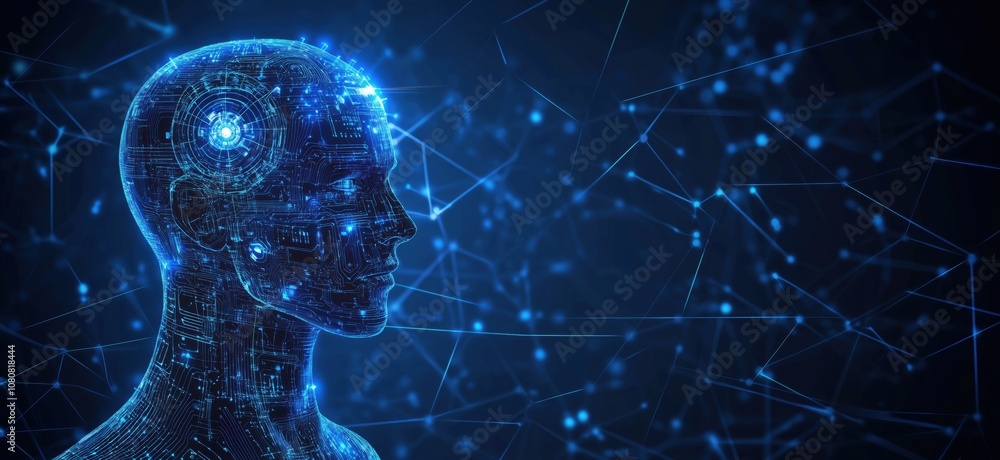 Poster digital human head with neural network connections, glowing circuitry, and abstract background. repr