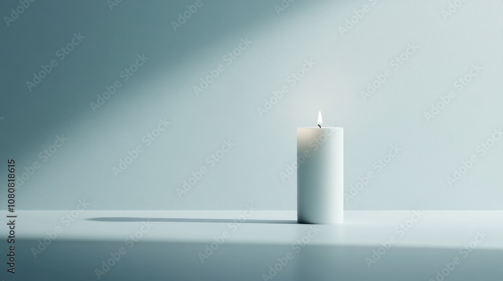 Poster minimalist white candle in soft natural light with subtle shadows on a smooth surface, creating a se