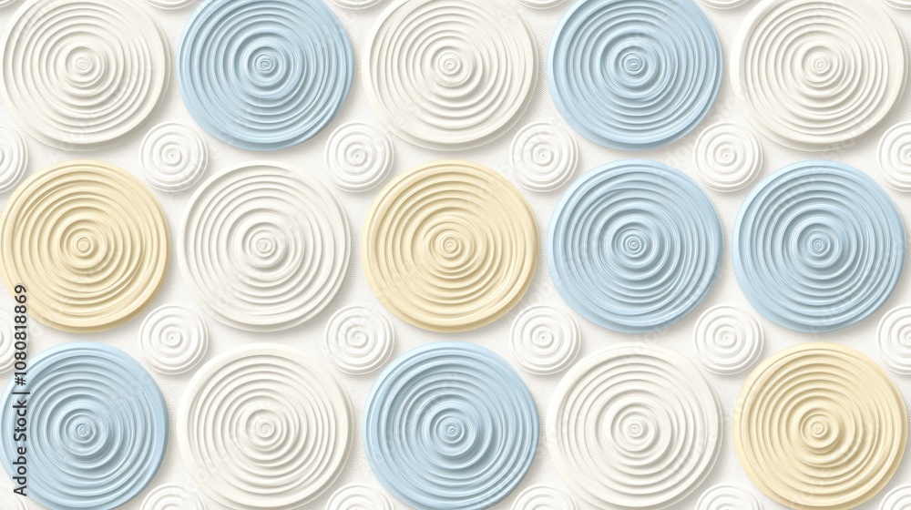 Poster abstract design featuring circular patterns with textured swirls in soft pastel colors of blue, yell