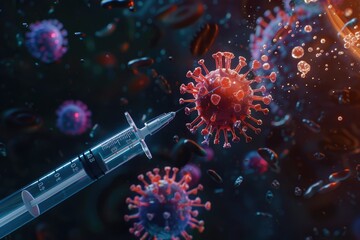 medical pharmaceutical research background with blood cells and virus cure using DNA genome sequencing biotechnology
