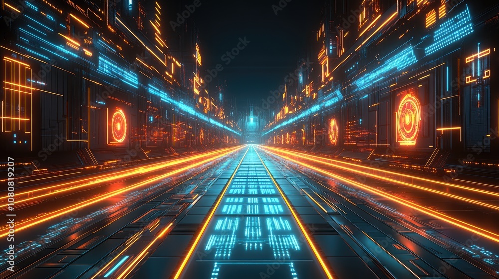 Aufkleber futuristic digital corridor with glowing lights and neon patterns showcasing technological advanceme