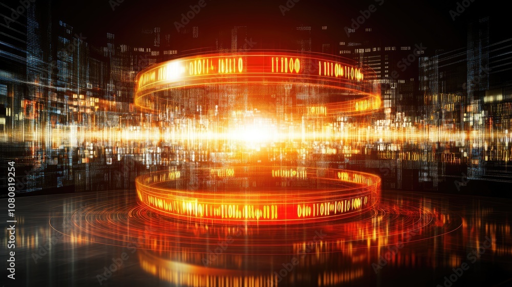 Poster futuristic data visualization with bright light effects and dynamic patterns representing technology