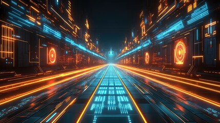 Fototapeta premium Futuristic Digital Corridor with Glowing Lights and Neon Patterns Showcasing Technological Advancement and Innovation in a Sci-Fi Environment