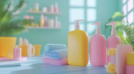 Colorful plastic bottles of shampoo and soap displayed on wooden table in bathroom setting