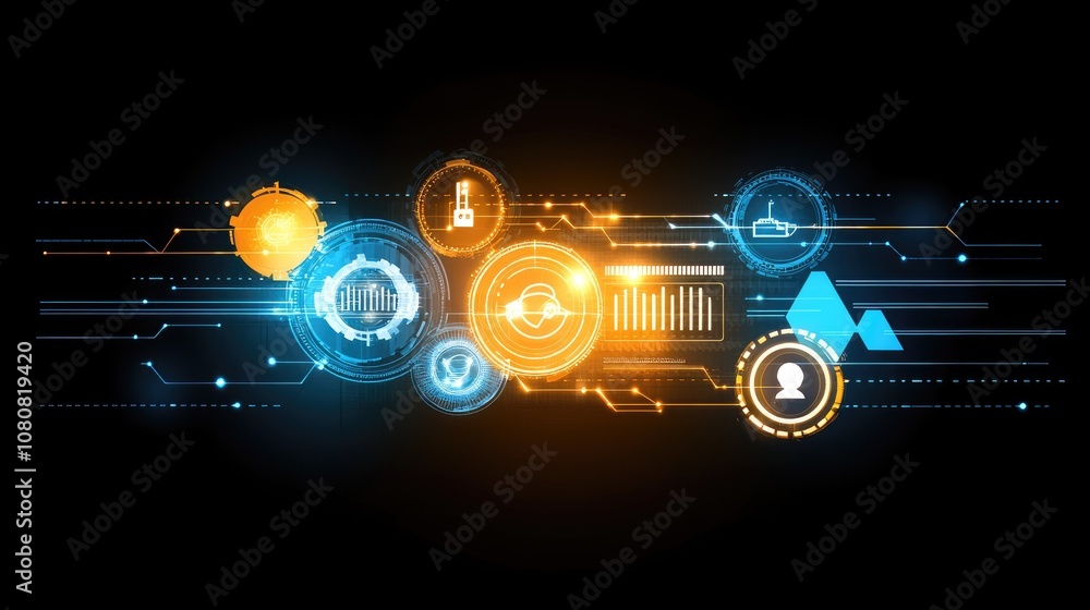Poster futuristic digital interface with data visualization elements illustrating technology trends, analyt