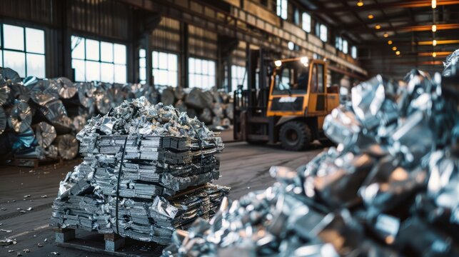 A forklift maneuvers expertly through a vibrant recycling facility, surrounded by gleaming stacks of processed scrap metal under bright industrial lights