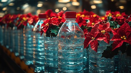 Festive poinsettias highlight bottled water display in holiday setting