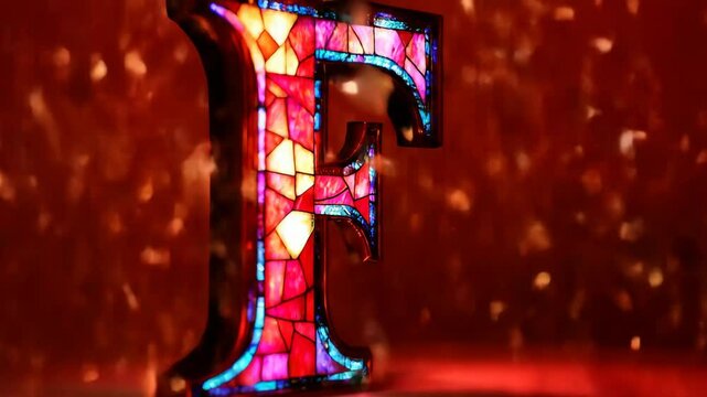 Stained glass letter f showcases a mesmerizing background of falling glitter, transitioning smoothly from light to dark red, creating an enchanting visual effect