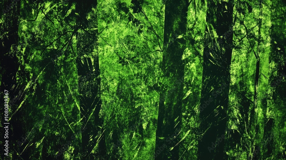 Poster lush green forest background with dense foliage and strong vertical trees creating a serene natural 