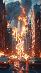 Fiery urban apocalypse with burning buildings and cars in chaos