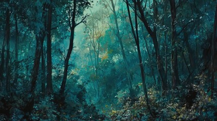 Fototapeta premium Lush Forest Landscape with Vibrant Greenery and Dense Foliage at Dawn, Capturing the Tranquility and Mystique of Nature's Untamed Beauty in a Serene Atmosphere