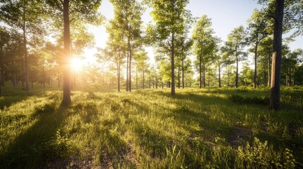 Serene Sunrise in Lush Green Forest with Tall Trees and Soft Sunlight Filtering Through Leaves, Creating a Tranquil Natural Landscape Scene