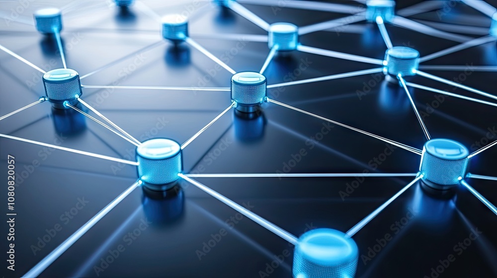 Poster futuristic network connectivity with nodes and lines representing data transfer in a modern digital 