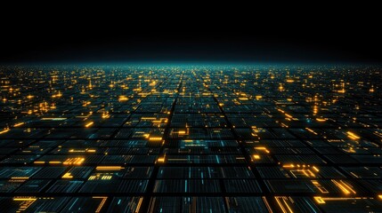 Obraz premium Futuristic Digital Landscape with Glowing Grids and Neon Lights Creating a Beautiful High-Tech Cityscape in a Dark Atmosphere