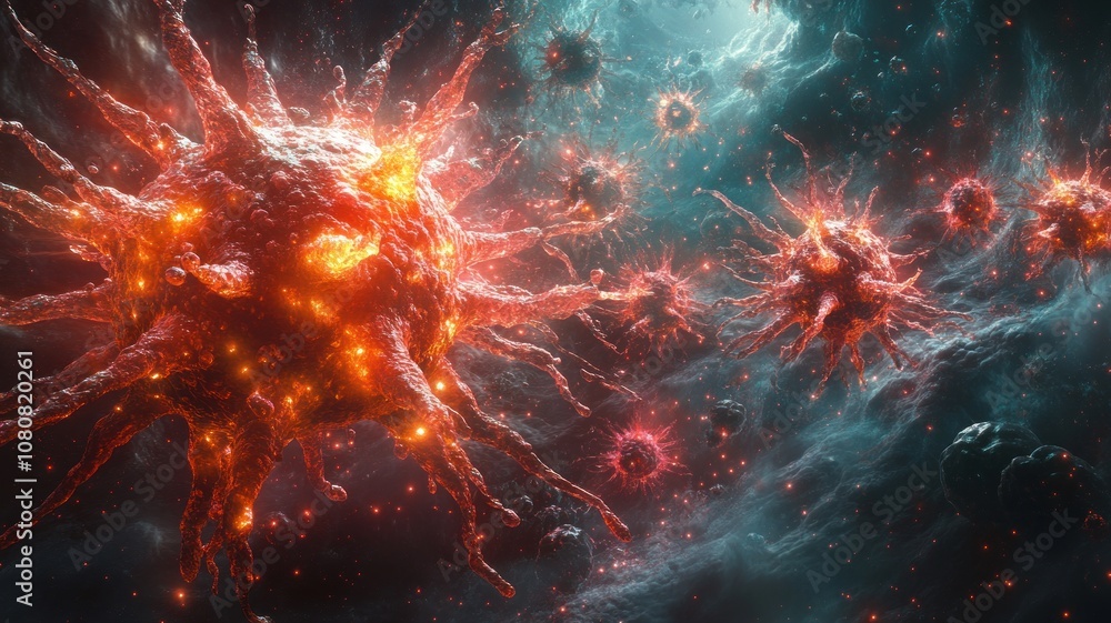 Aufkleber abstract depiction of virus-like structures in a cosmic setting.