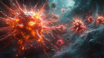 Abstract depiction of virus-like structures in a cosmic setting.