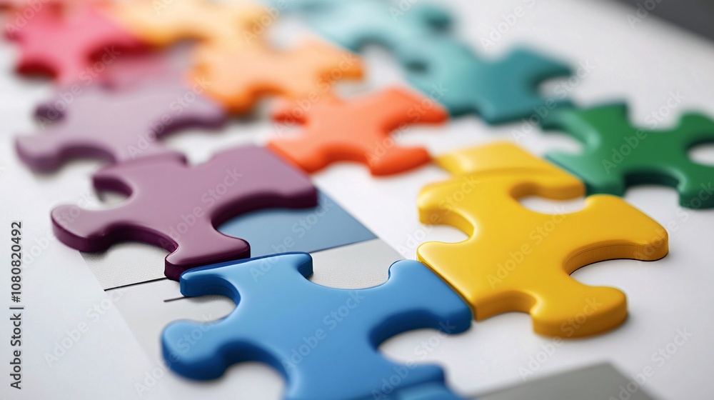 Poster colorful jigsaw puzzle pieces creating a solution on white background