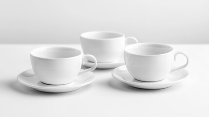 Elegant White Coffee Cups and Saucers Displayed on a Minimalist Surface, Perfect for Stylish Dining and Sophisticated Coffee Moments in Modern Settings