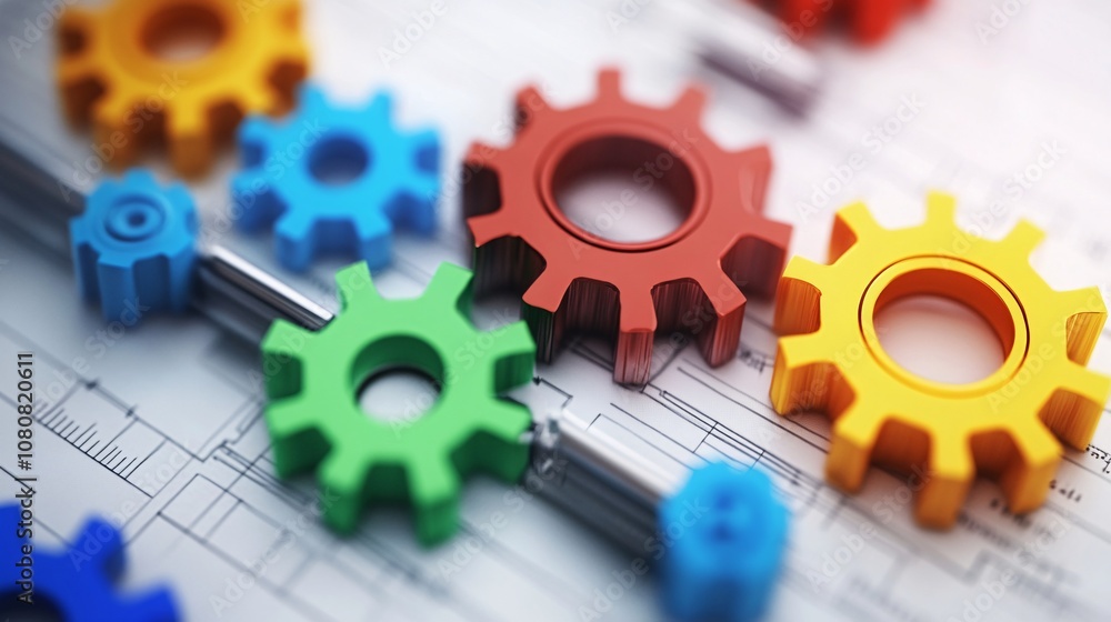 Poster colorful gears connecting on engineering blueprint representing teamwork and collaboration