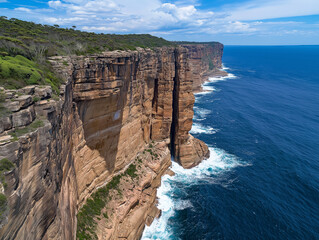 Aerial view of dramatic waves hitting a rocky cliff