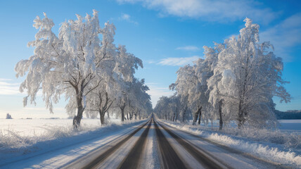 Obraz premium A serene winter landscape featuring a snow-covered road flanked by frost-laden trees under a bright blue sky.