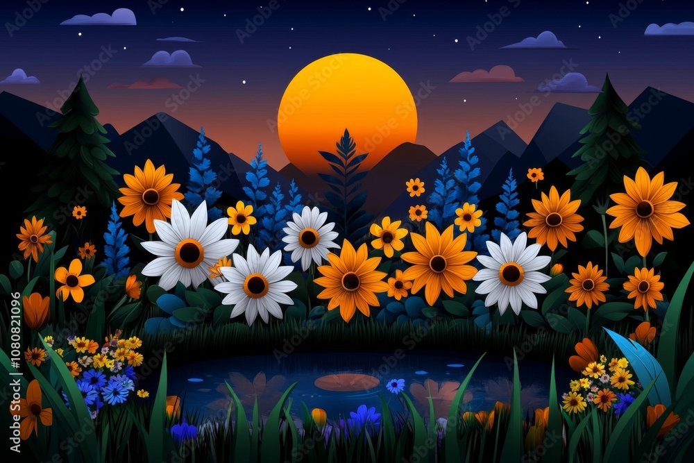 Poster pixel art of a colorful spring meadow with flowers and a small pond, bright retro colors and 8-bit s
