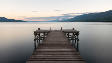 Obraz premium A serene wooden dock extending into a tranquil lake, surrounded by mountains at dusk, creating a peaceful atmosphere ideal for reflection.
