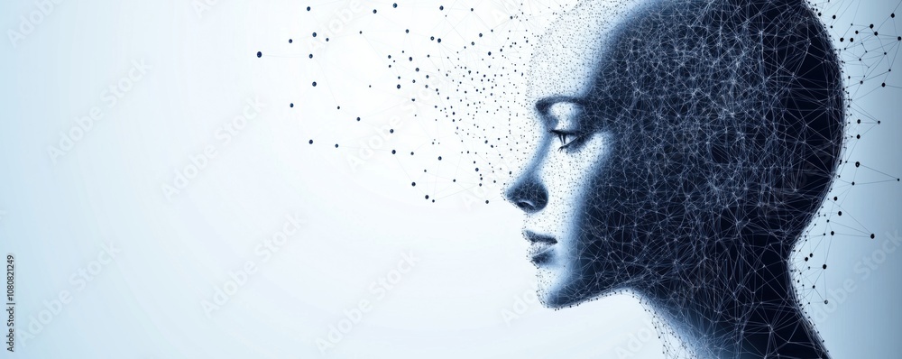 Poster abstract human profile with network connections, digital art representation of artificial intelligen