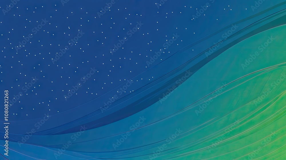 Poster abstract blue and green gradient background with flowing lines and scattered stars creating a serene