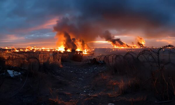 Barbed wire fence against a backdrop of burning cars and a fiery sunset.