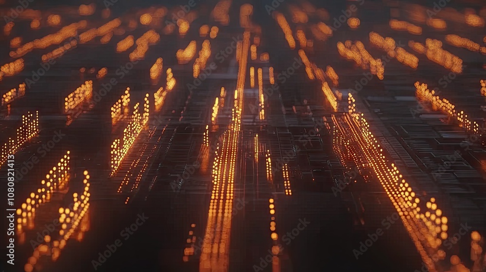 Poster abstract digital background with flowing orange lights and matrix pattern, illustrating technology a
